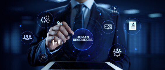 HR Human resources management Recruitment Headhunting. Businessman pressing button on screen.