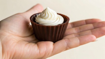 Delicate dessert served in a chocolate cup, held in a hand.