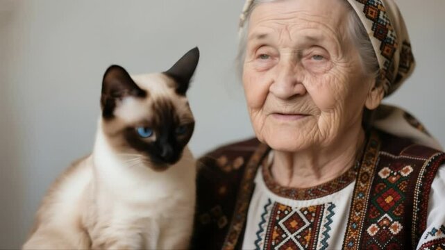 Anciana con su traje típico y su gato Siamés 
