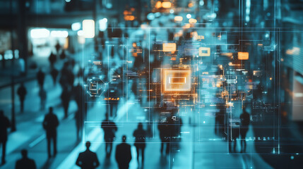 Futuristic Cityscape with Digital Overlays and Pedestrians