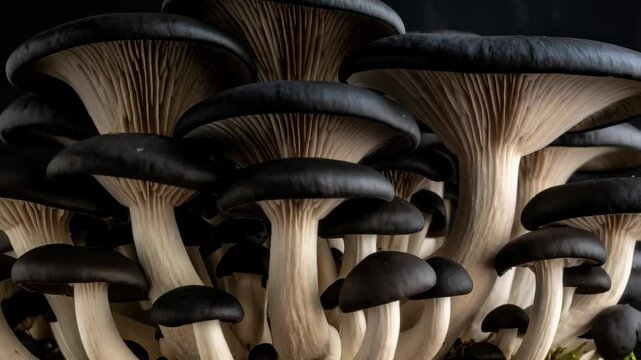 Dramatic close-up of stacked cluster of black oyster mushrooms with detailed gills and textured caps against a stark dark background.