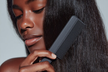 Closeup of woman combing straight hair, realistic style, grey background, concept of beauty and haircare