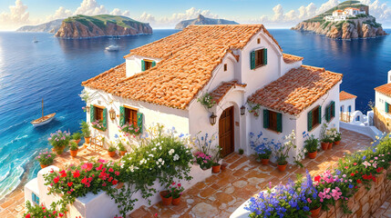 Beautiful house surrounded by flowers, mediterranean architecture style landscape, oil painting on canvas.