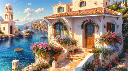 Beautiful house surrounded by flowers, mediterranean architecture style landscape, oil painting on canvas.