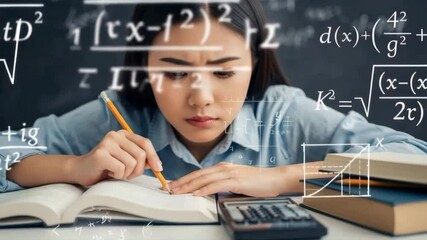 Young woman studies math with books, calculator and pencil. Math formulas overlayed. Education concept. - Powered by Adobe