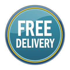 Free Delivery button in blue with a yellow outline, ideal for e-commerce, food delivery services, and promotional offers, indicating no shipping costs