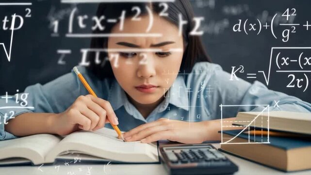 Young woman studies math with books, calculator and pencil. Math formulas overlayed. Education concept. - Powered by Adobe