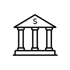 Minimalist Silhouette Icon of a Bank Building with Classical Pillars and a Triangular Roof, Simple Line Art Design on White Background Representing Financial Institution, Government, or Classical Arch
