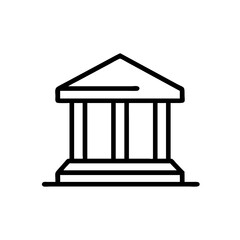 Minimalist Silhouette Icon of a Bank Building with Classical Pillars and a Triangular Roof, Simple Line Art Design on White Background Representing Financial Institution, Government, or Classical Arch