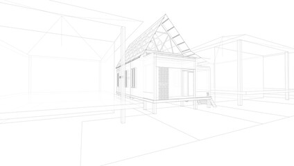 This is the design of a traditional architectural house in a tropical country with more open space, as well as the wireframe and the x-ray version.