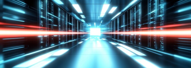 Fototapeta premium Modern Data Center with Illuminated Server Racks and Futuristic Lighting