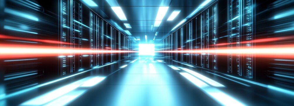 Modern Data Center with Illuminated Server Racks and Futuristic Lighting