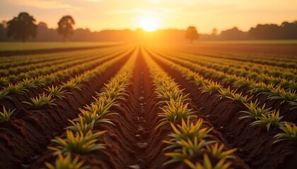 Agricultural field with rows of plants at sunset with sunlight.