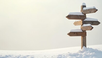 Snow-covered wooden signpost points directions in winter. Blank arrow signs. Wooden post against white snow, winter landscape. Guide to destination, navigation. Empty billboard, directional,