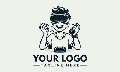 Cheerful person wearing a virtual reality headset and holding a game controller with abstract digital elements. Gaming and technology concept