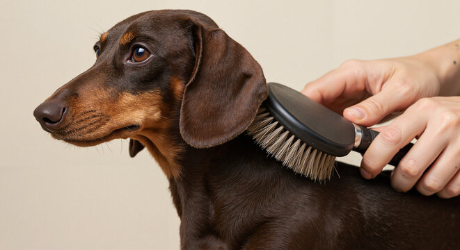 Dog being groomed with a brush in a light-colored room