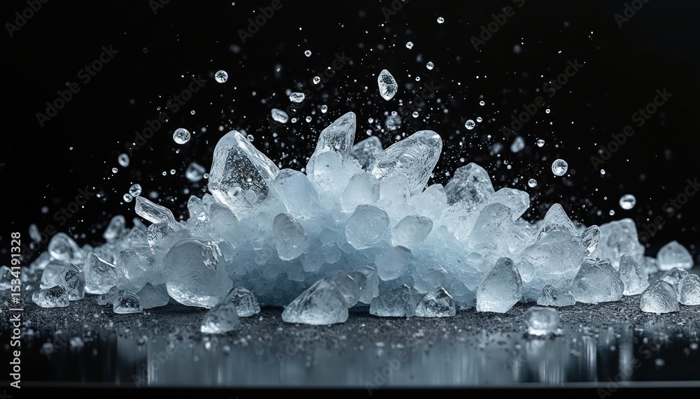 Poster crushed ice shards explosion against black background. crystal clear ice cubes with water drops. ill