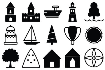 Simple black and white icons representing buildings nature and symbols in flat design
