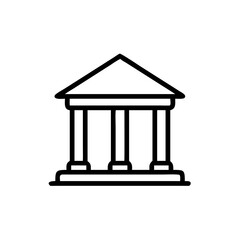 Minimalist Silhouette Icon of a Bank Building with Classical Pillars and a Triangular Roof, Simple Line Art Design on White Background Representing Financial Institution, Government, or Classical Arch
