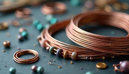 Close-up view of copper wire spools beads. Jewelry making supplies, wire for crafting, hand-made accessories. Elegant details, artisan craft, vintage design, workshop environment.