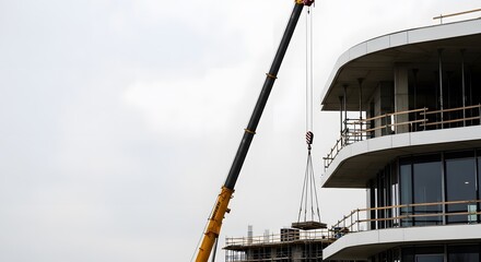 Construction site with a large crane lifting materials against an overcast sky. Modern building under construction with visible structural elements and glass windows.