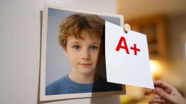 Scholarly Triumph: A young student radiates with pride as he presents a high grade on the fridge. The photograph signifies academic achievement and dedication.