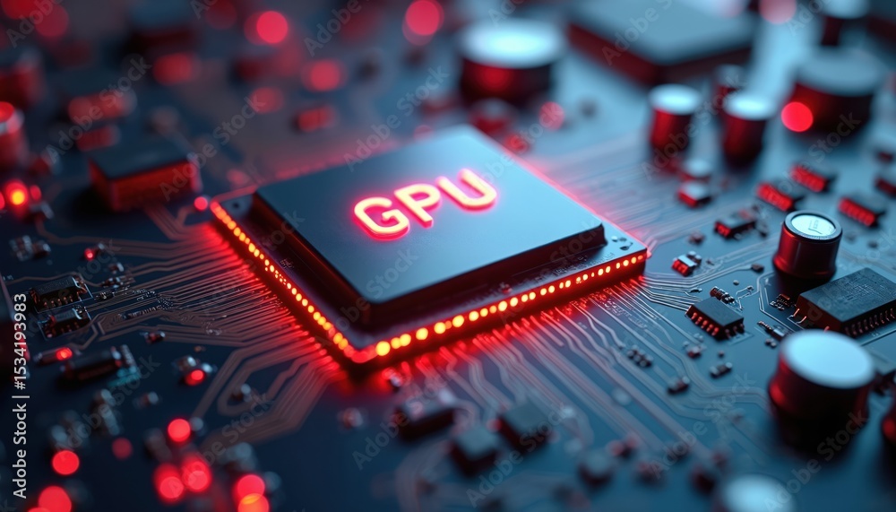 Poster Futuristic illustration graphic processing unit GPU chip with glowing red lights circuit board. Microchip, microprocessor details. Tech concept shows modern digital technology. AI, data processing,
