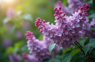 Obraz premium Close-up lilac flowers blooming. Common Syringa Vulgaris purple blossoms on bush. Spring floral botanical macro photo for garden. Fresh blooming blossoms, nature background.