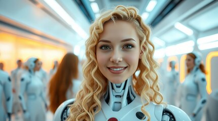 Blonde with curled hair, robot woman in fashionable robotic, smart white clothes of the future made of metal and plastic