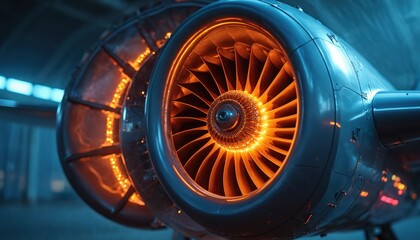 Close-up view of glowing jet engine. Turbine blades with orange fire. Futuristic aircraft tech details, aviation industry, high speed turbo rotation. Metallic industrial concept with modern aerospace