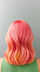 Fototapeta premium Pink and Coral Ombre Wavy Hair with Green Background
