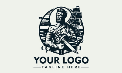 Intricate illustration of a rugged pirate figure with a classic hat, crossed swords, and a majestic sailing ship in the background. Maritime adventure concept