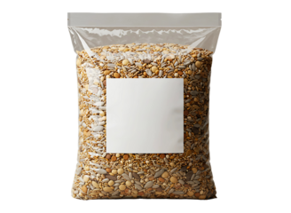 Bird seed mix in clear plastic bag isolated on transparent background