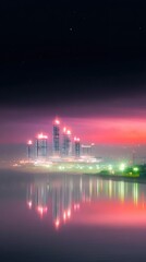 Naklejka premium Pink and Purple Night City Reflection in Fog