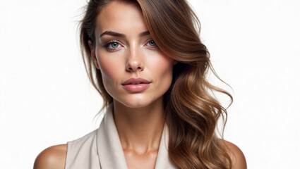 Fototapeta premium Woman with wavy hair posing on white background
