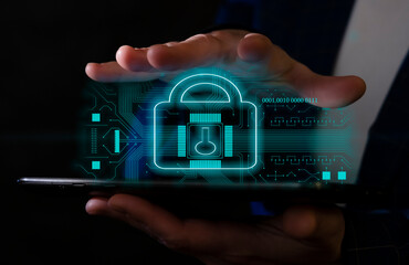 Digital security concept with glowing lock symbol overlaying a smartphone in a modern setting