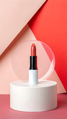 Coral lipstick on minimalist pink and red background