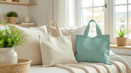Neutral and Mint Tote Bags on Cozy Sofa