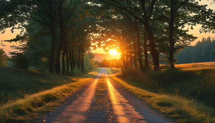 Fototapeta premium sunset in the forest Serene Nature Landscape – Royalty-Free 4K Outdoor Background