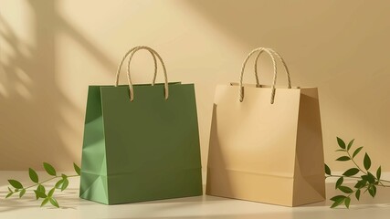 Earthy Green and Beige Paper Bags with Rope Handles