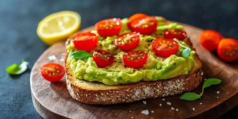 Avocado Toast with Cherry Tomatoes on Wooden Board, ai generated.