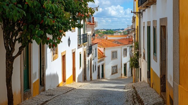 Street view with beautiful old residential buildings in Evora city in Portugal