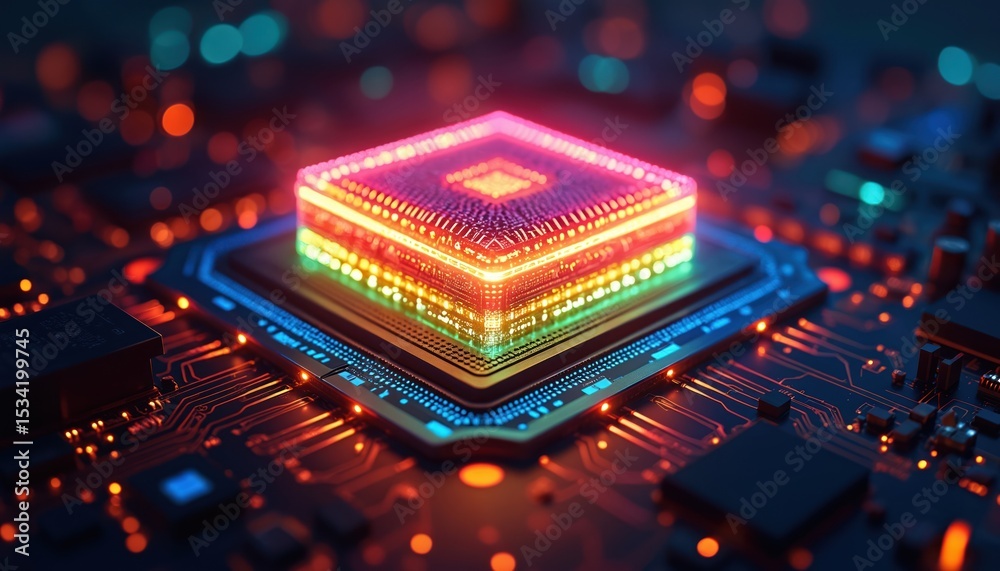 Leinwandbilder Futuristic digital processor glowing brightly with layered circuit. Abstract tech illustration of computer chip with neon colors. Tech innovation concept. Circuit board close-up.