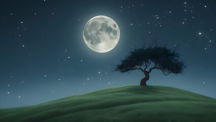 Naklejka premium A serene night landscape featuring a full moon, a solitary tree, and rolling hills under a starlit sky.