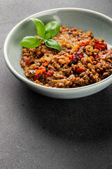 Lentil dish vegetables and roasted peppers savory vegetable fresh vegetarian and vegan food gourmet food background on the table rustic food top view copy space keto and paleo diet