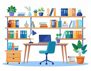 Home Office Interior Design Illustration With Colorful Plants