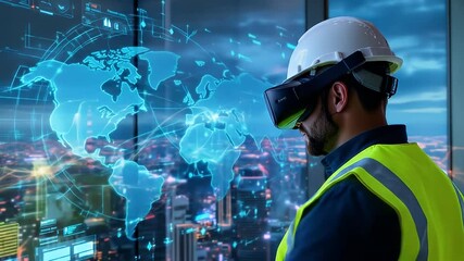 Engineer in traditional and safety gear using virtual reality headset in futuristic smart city interface - Powered by Adobe