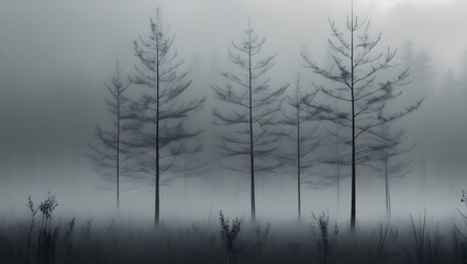 Silhouetted trees stand shrouded in a thick, ethereal morning mist.