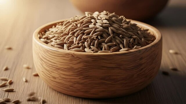 Organic Cumin Seeds in Wooden Bowl Aromatic Spice for Cooking