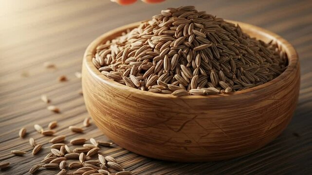 Organic Cumin Seeds in Wooden Bowl Aromatic Spice for Cooking